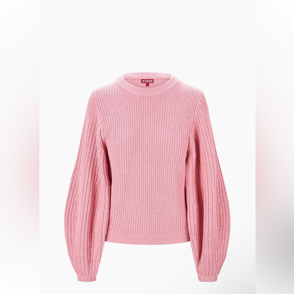 Staud Aura Ribbed Wool-Blend Sweater Balloon Sleeves Size Large Pink